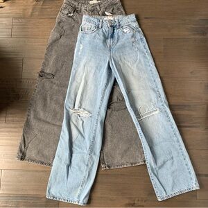 2 high waisted ripped wide leg jeans light wash blue and grey